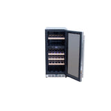 TrueFlame 15-inch dual-zone outdoor wine cooler with glass door closed, front view