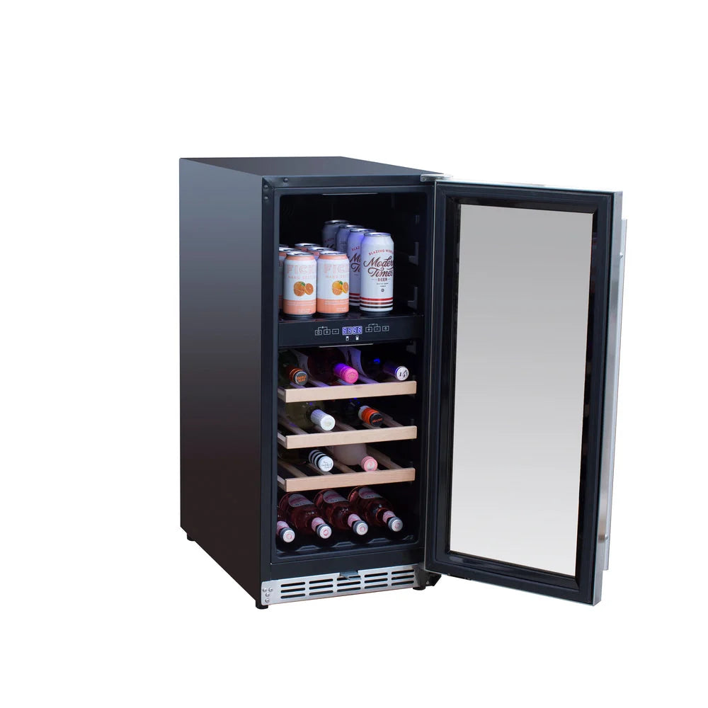TrueFlame 15-inch outdoor wine cooler with glass door open showing wine shelves