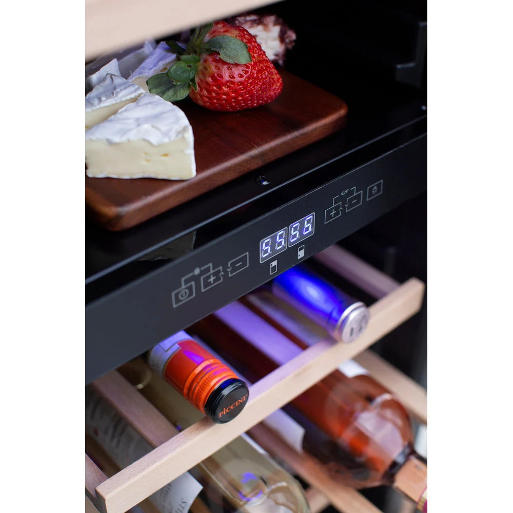 Close-up of TrueFlame outdoor wine cooler shelves stocked with drinks and food