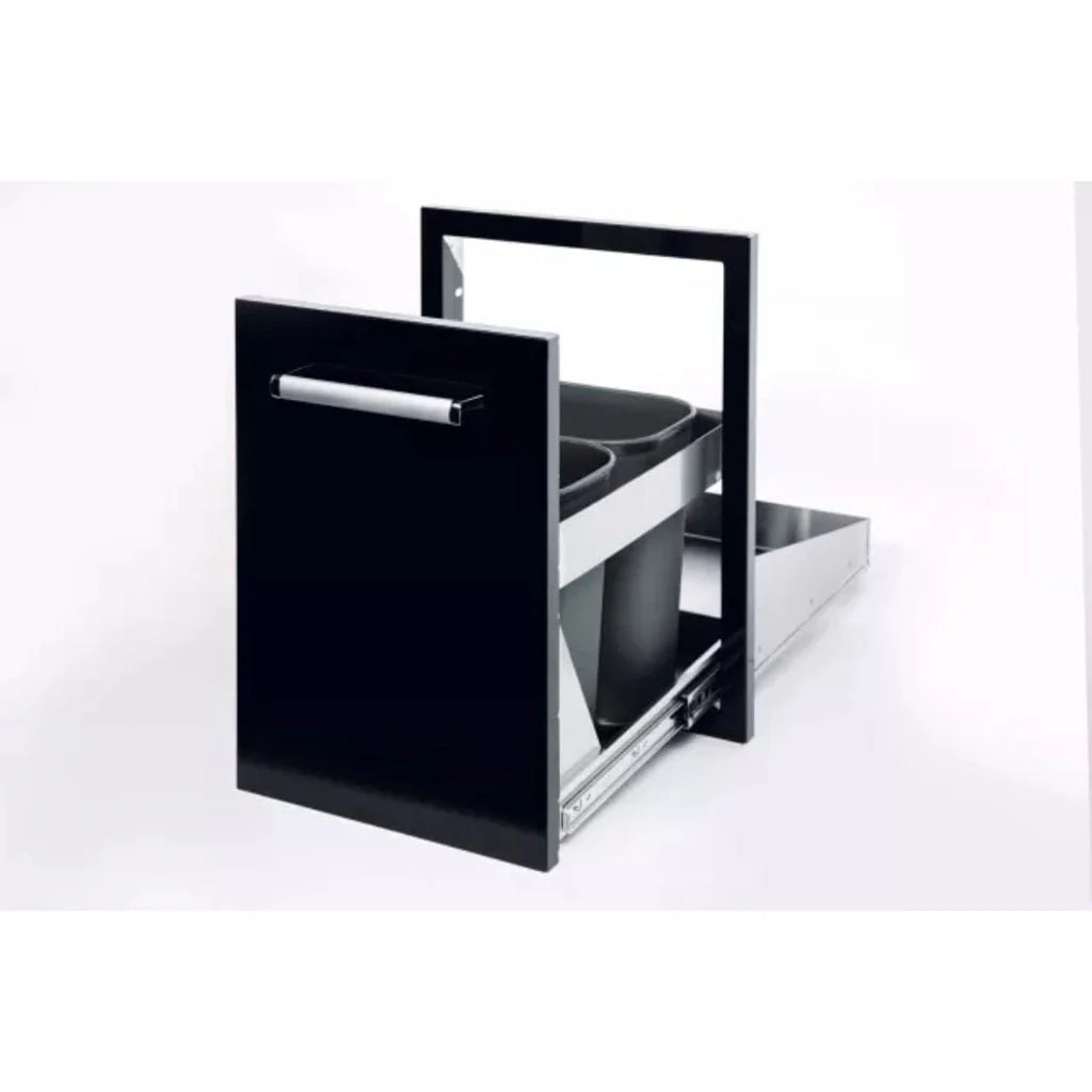 Bonfire Black Trash Can 16.5" x 22" Black Series in an outdoor kitchen setting, featuring a modern sliding drawer.