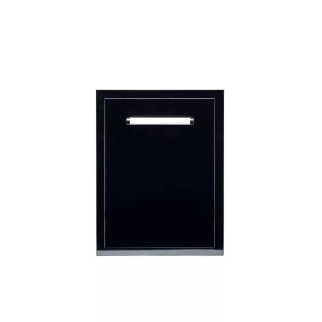 Bonfire Black Trash Can 16.5" x 22" Black Series displaying the product's dimensions and features for optimal outdoor use.