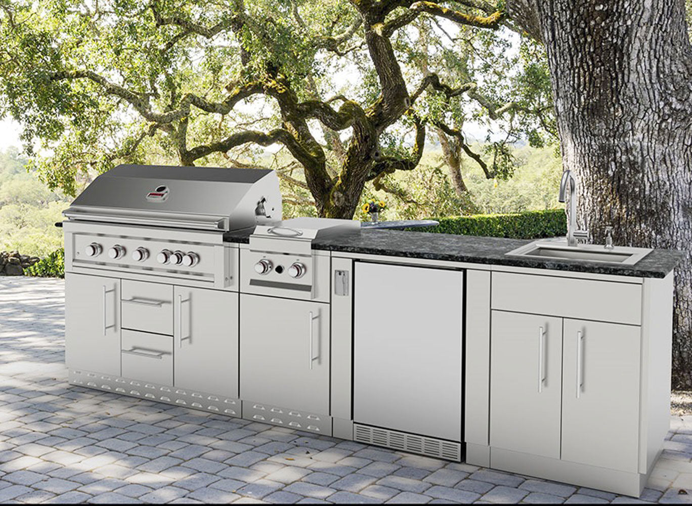 Complete view of the Sunstone 20" Appliance Cabinet demonstrating options for easy installation of side burners.