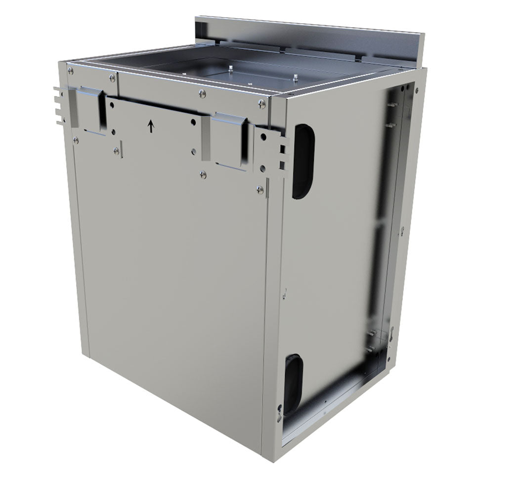 Close-up of Sunstone's 18" Upper Wall Left Swing Door Cabinet featuring stainless steel handles and replaceable face panel.