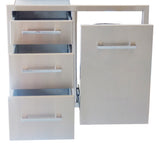 Detailed view of the Sunstone Signature Series 30" Propane Combo, highlighting the triple drawer functionality and adjustable trash bag ring.