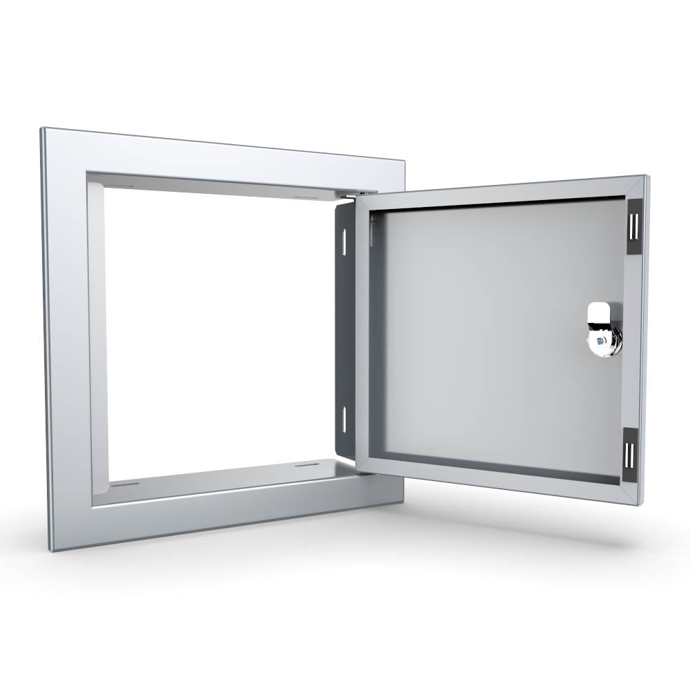 Sunstone Signature Series 12” Single Door and Vented Door fitted flush against outdoor wall, ideal for various installations.
