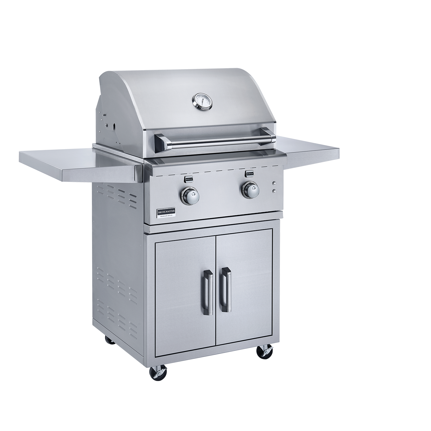 Broilmaster Built-In Stainless Steel Gas Grill 26" with a warming rack that tilts and locks away for convenience.