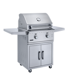Broilmaster Built-In Stainless Steel Gas Grill 26" with a warming rack that tilts and locks away for convenience.