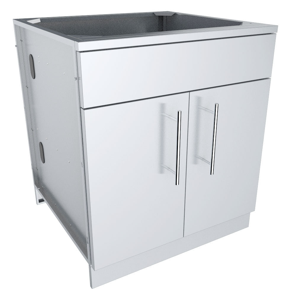 Sunstone 24", 30”, or 36” Double Door Base Cabinet with Shelf & Reversible Top Drawer showcasing durable 304 stainless steel construction.