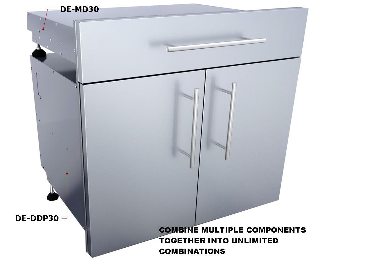 Interior view of Sunstone Designer Series 30" Double Door Dry Storage Pantry showcasing ample storage space and organizational shelf for BBQ tools and spices.