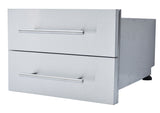 Close-up view of the Sunstone Designer Series 13" Height Double Drawer featuring adjustable self-leveling legs and sturdy soft-closing tracks.