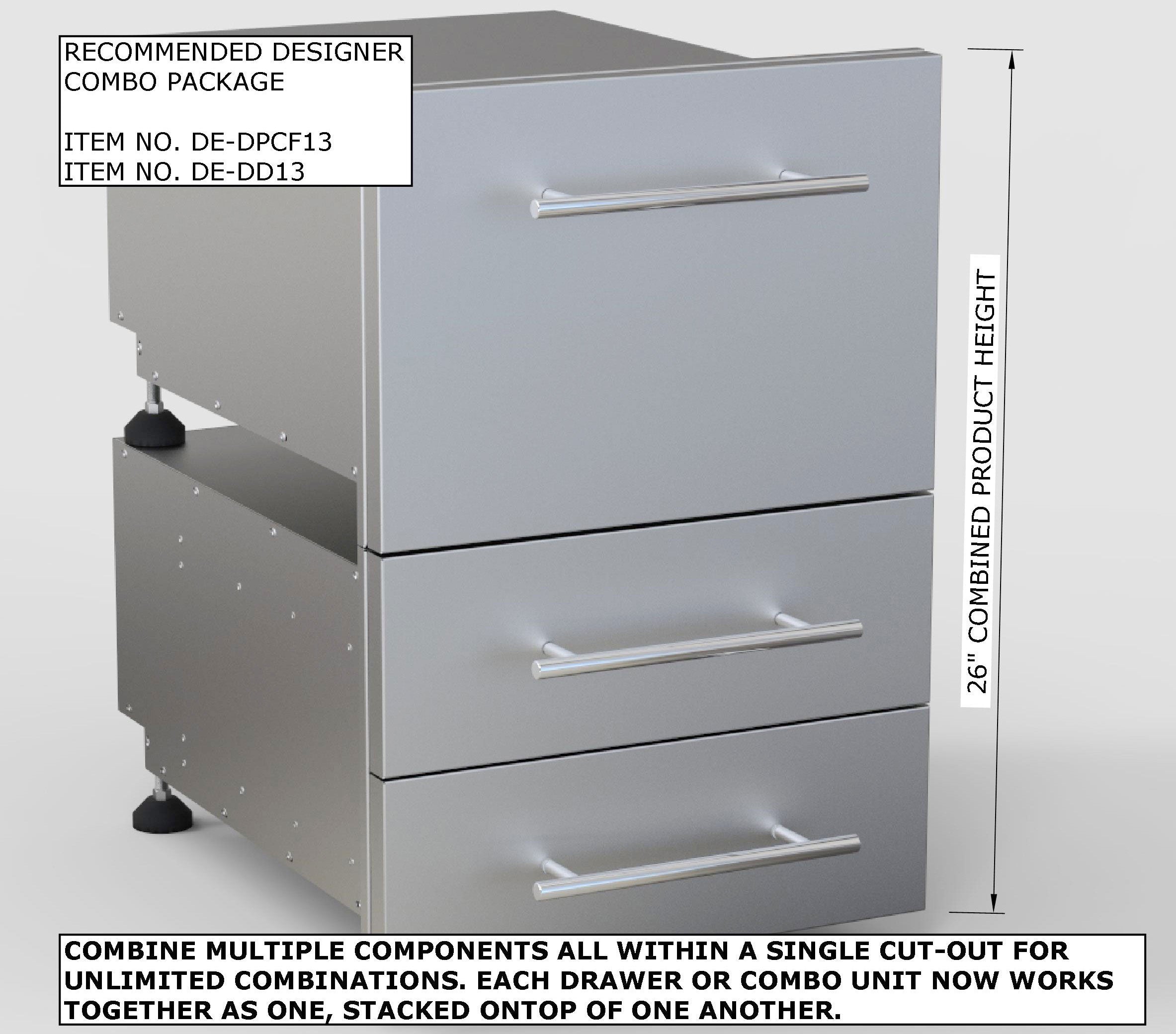 Overall view of the Sunstone Designer Series 13" Tilt-out Paper Towel, Cutlery Drawer, and Cutting Board Combo installed in a modern kitchen.