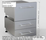 Overall view of the Sunstone Designer Series 13" Tilt-out Paper Towel, Cutlery Drawer, and Cutting Board Combo installed in a modern kitchen.