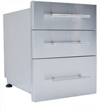 Sunstone Designer Series 23" Triple Drawer with Self-Leveling Legs showcasing its sleek stainless steel design and organized storage for BBQ tools.