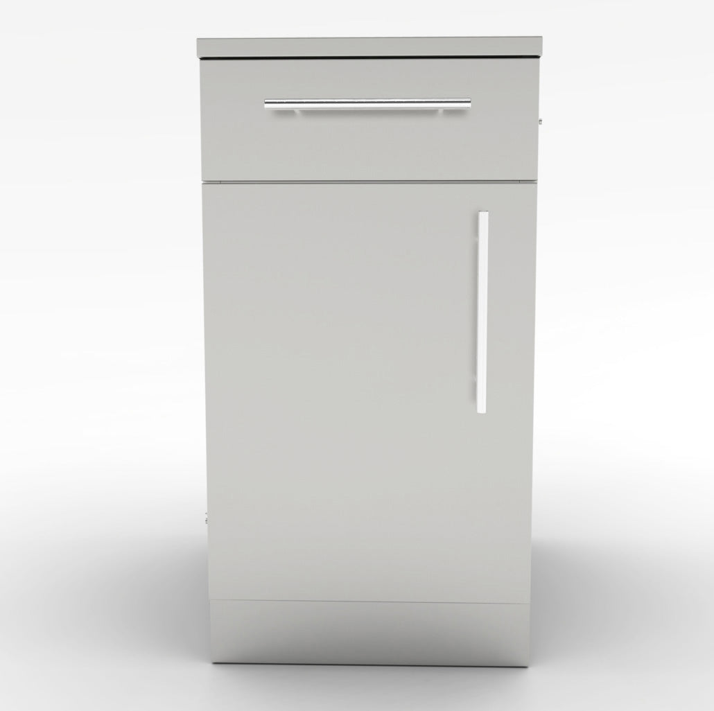 Interior view of Sunstone 18" Left or Right Swing Door Cabinet featuring adjustable shelves and soft-close top drawer.