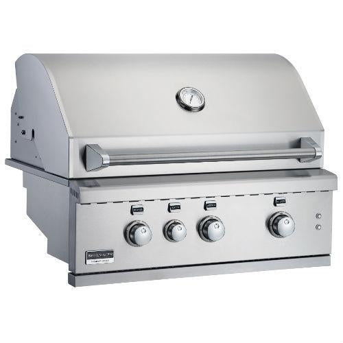 Close-up of Broilmaster Built-In Stainless Steel Gas Grill 26" with detailed burner and ignition system, showcasing quality craftsmanship and functionality.