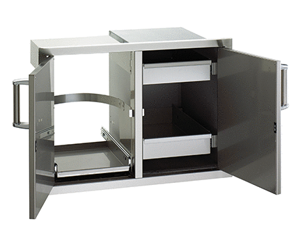 Close-up of the heavy-duty handles and magnetic latches on the Fire Magic 30" Double Door/Drawer Combo for secure storage.