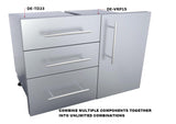 Sunstone Designer Series Multi-Configurable Single Door Dry Storage Pantry with Shelf and Utility Access showcasing its elegant stainless steel design and ample storage space for BBQ tools and spices.