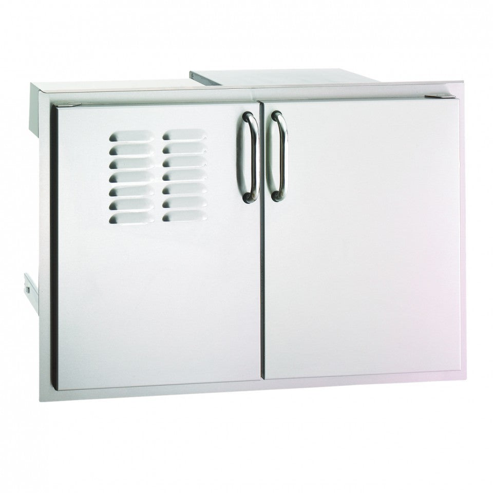 Fire Magic 30" Double Door/Drawer Combo showcasing stainless steel design and flush-mounted functionality for an outdoor kitchen.