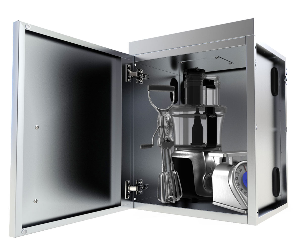 Installation example of the Sunstone 18" Upper Wall Left Swing Door Cabinet demonstrating easy wall support setup.