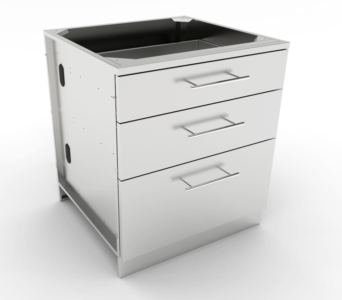 Sunstone Triple Drawer Base Cabinet featuring adjustable legs and removable counter rail for versatile installation options.