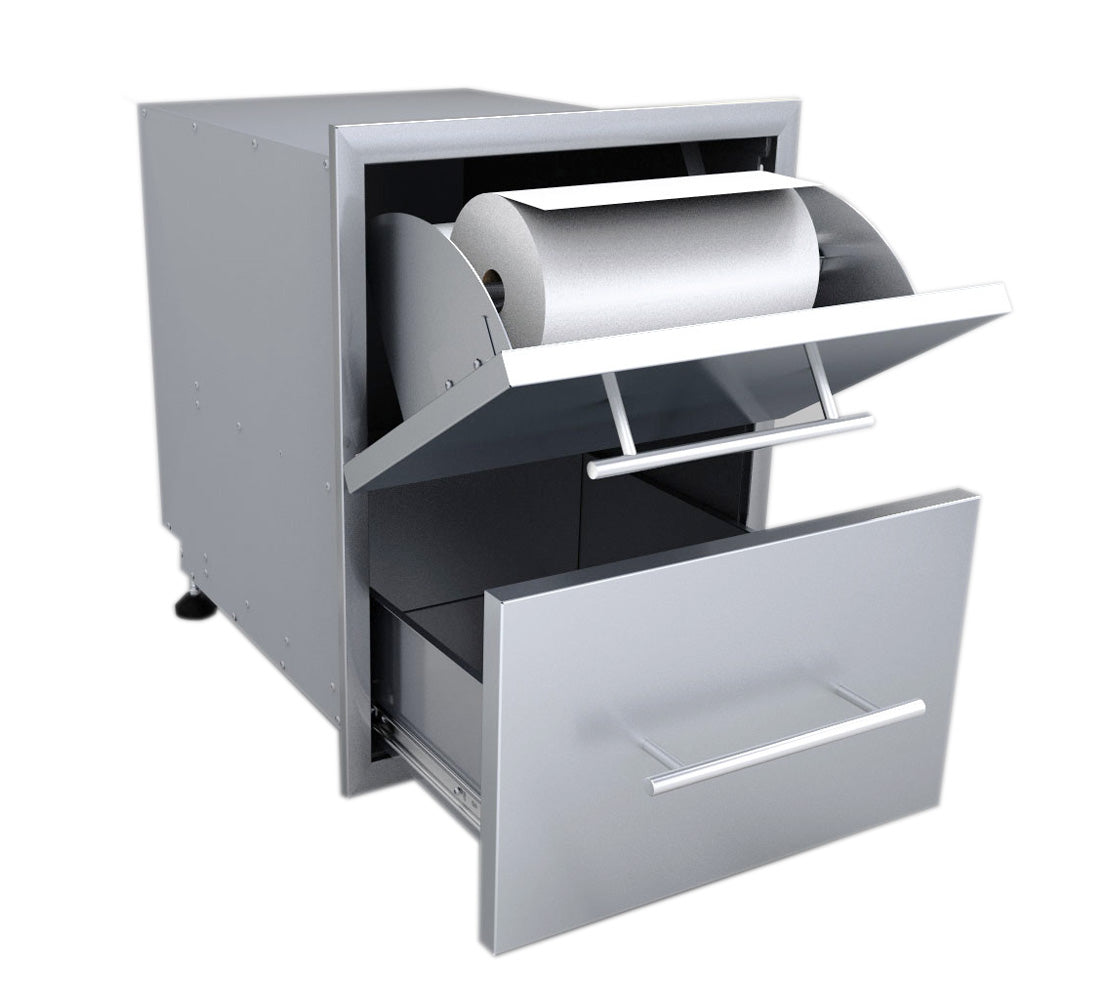 Sunstone Designer Series 23"H Multi-Configurable Paper Towel Drawer Combo featuring weather sealed box for BBQ accessories.