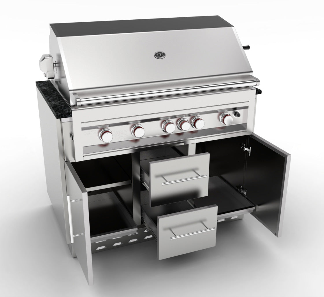 Full view of the Sunstone Grill Gas Base Cabinet ready for installation, highlighting its sleek design and durable materials.