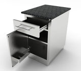 Sunstone outdoor kitchen cabinet with left or right swing door, highlighting its space-saving storage great for BBQ cookware.