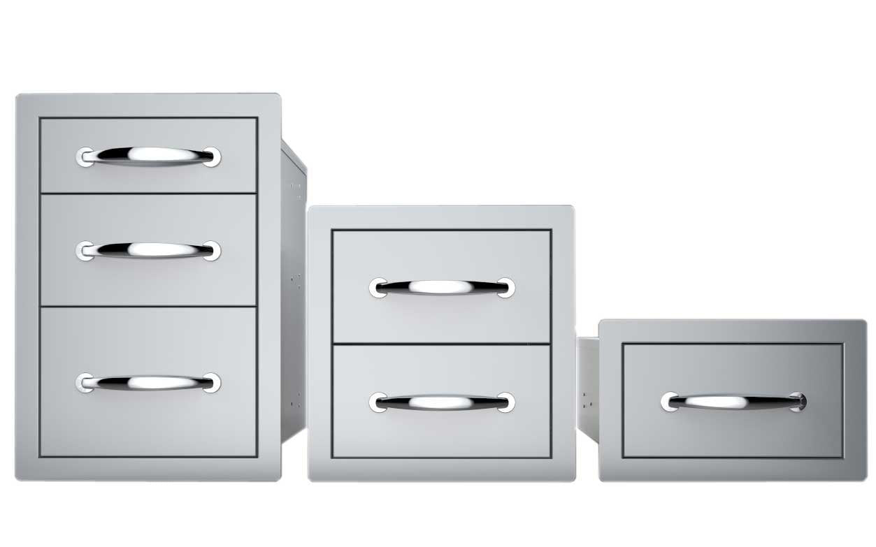Sunstone Classic Series Flush Style 14” Drawer featuring soft-closing tracks, perfect for safely storing BBQ tools and sauces.