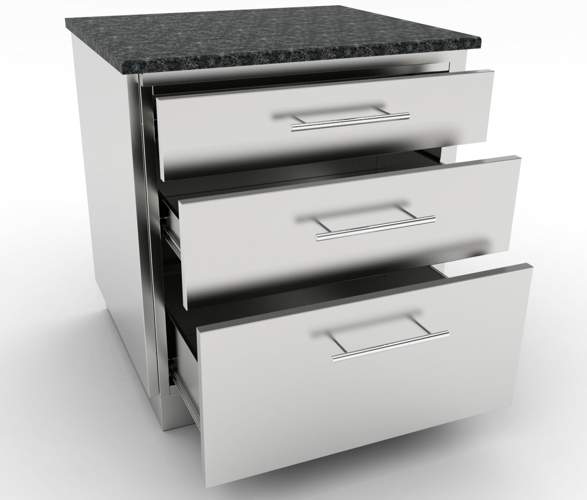 Sunstone Triple Drawer Base Cabinet showcasing three spacious soft-closing drawers made of durable 304 stainless steel.