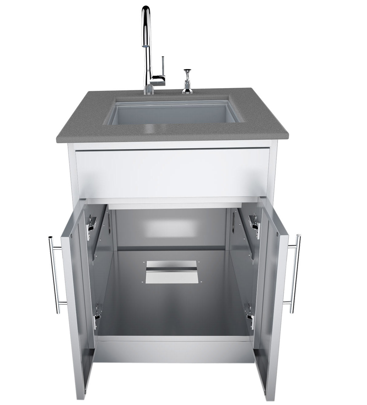 Sunstone 24", 30”, or 36” Double Door Base Cabinet with top false panel covering plumbing for a clean outdoor kitchen look.