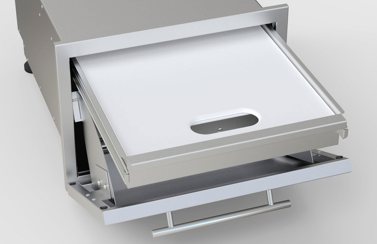 Sunstone Designer Series - 13" Tilt-out Paper Towel, Cutlery Drawer & Cutting Board Combo with a focus on the concealed cutlery drawer and adjustable legs for versatile installation.