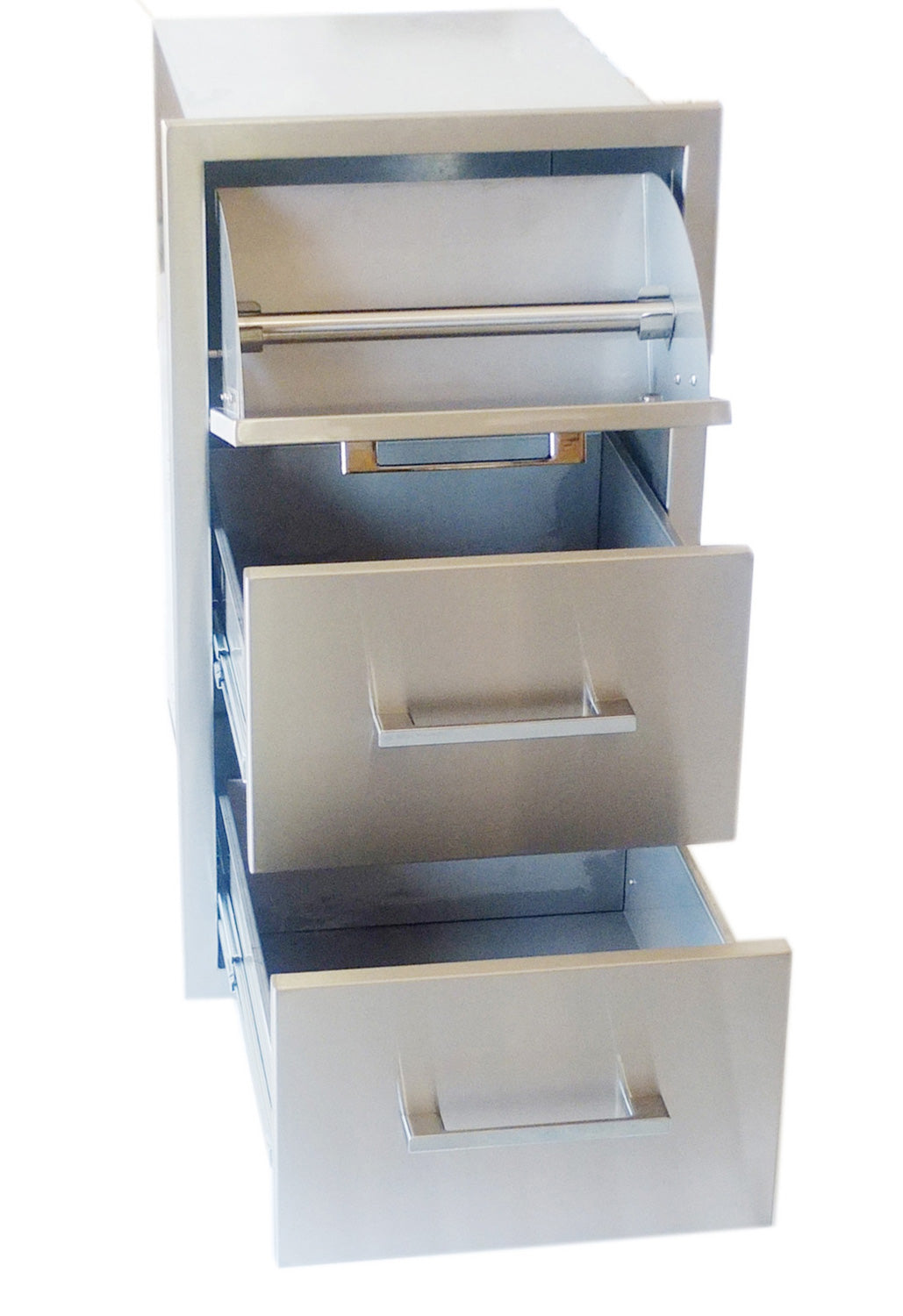Sunstone Signature Series 17" Beveled Frame Paper Towel Drawer Combo installed in an outdoor kitchen setup.