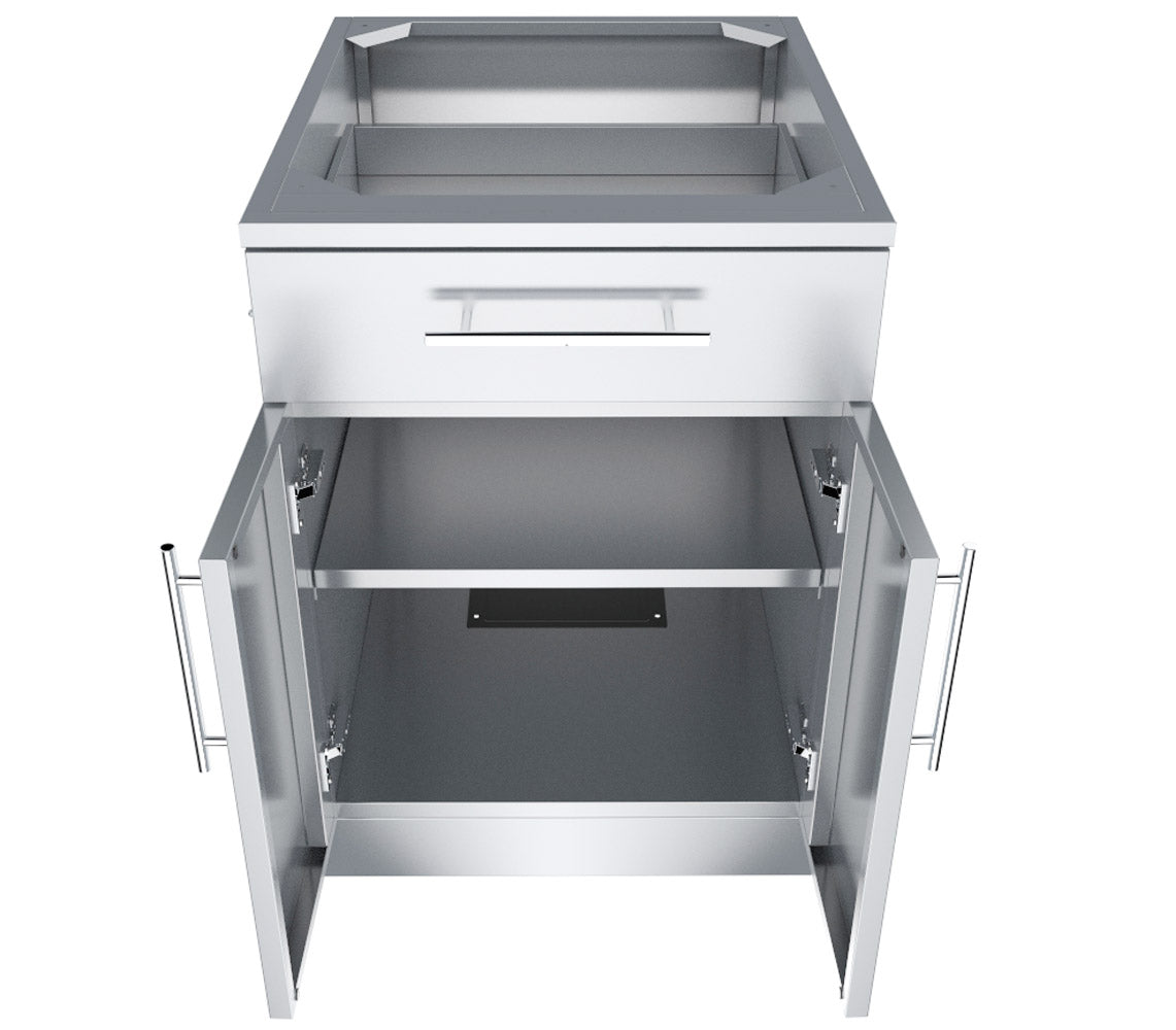 Interior view of Sunstone 24", 30”, or 36” Double Door Base Cabinet highlighting removable center shelf for versatile storage.