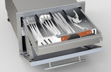 Close-up of Sunstone Designer Series 13" Tilt-out Paper Towel and Cutlery Drawer combo, featuring durable stainless steel construction.