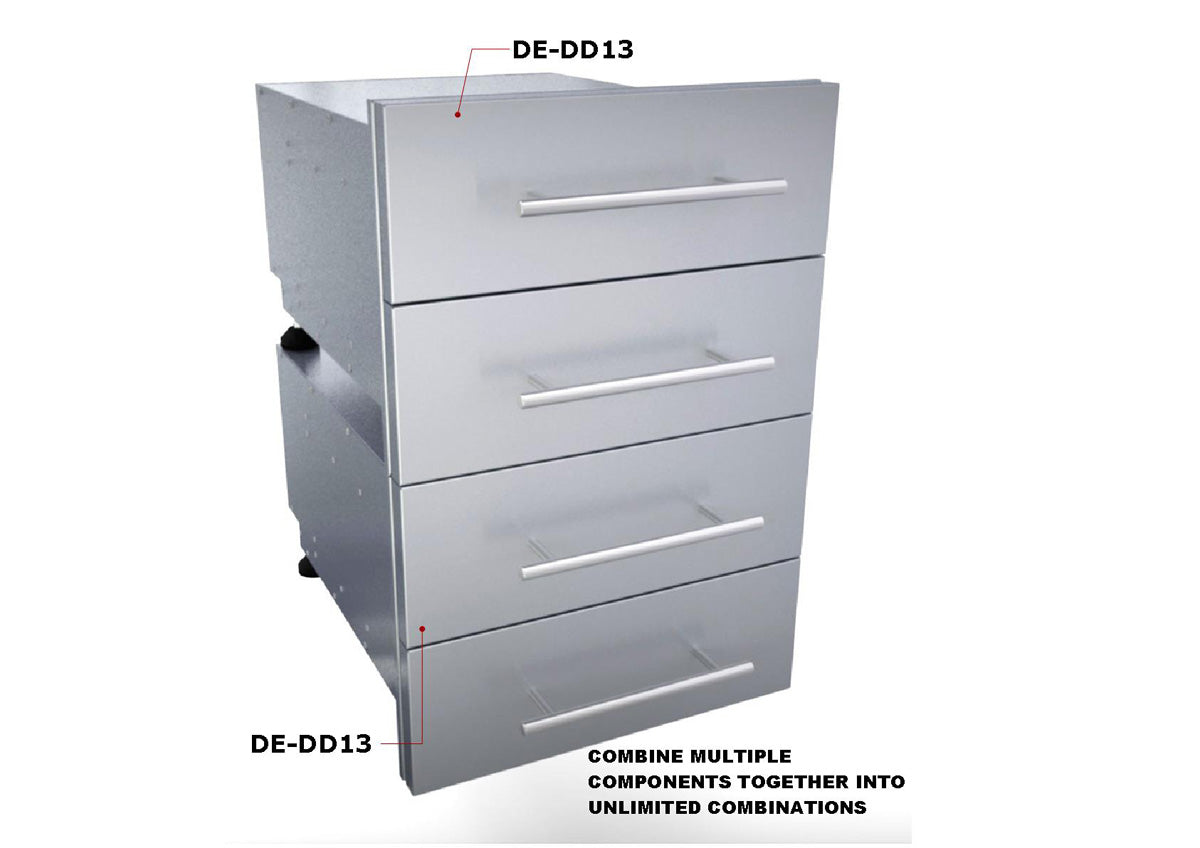 Sunstone Designer Series 13" Height Multi-Configurable Double Drawer with Self-Leveling Legs showcasing its sleek stainless steel design and spacious storage capabilities.