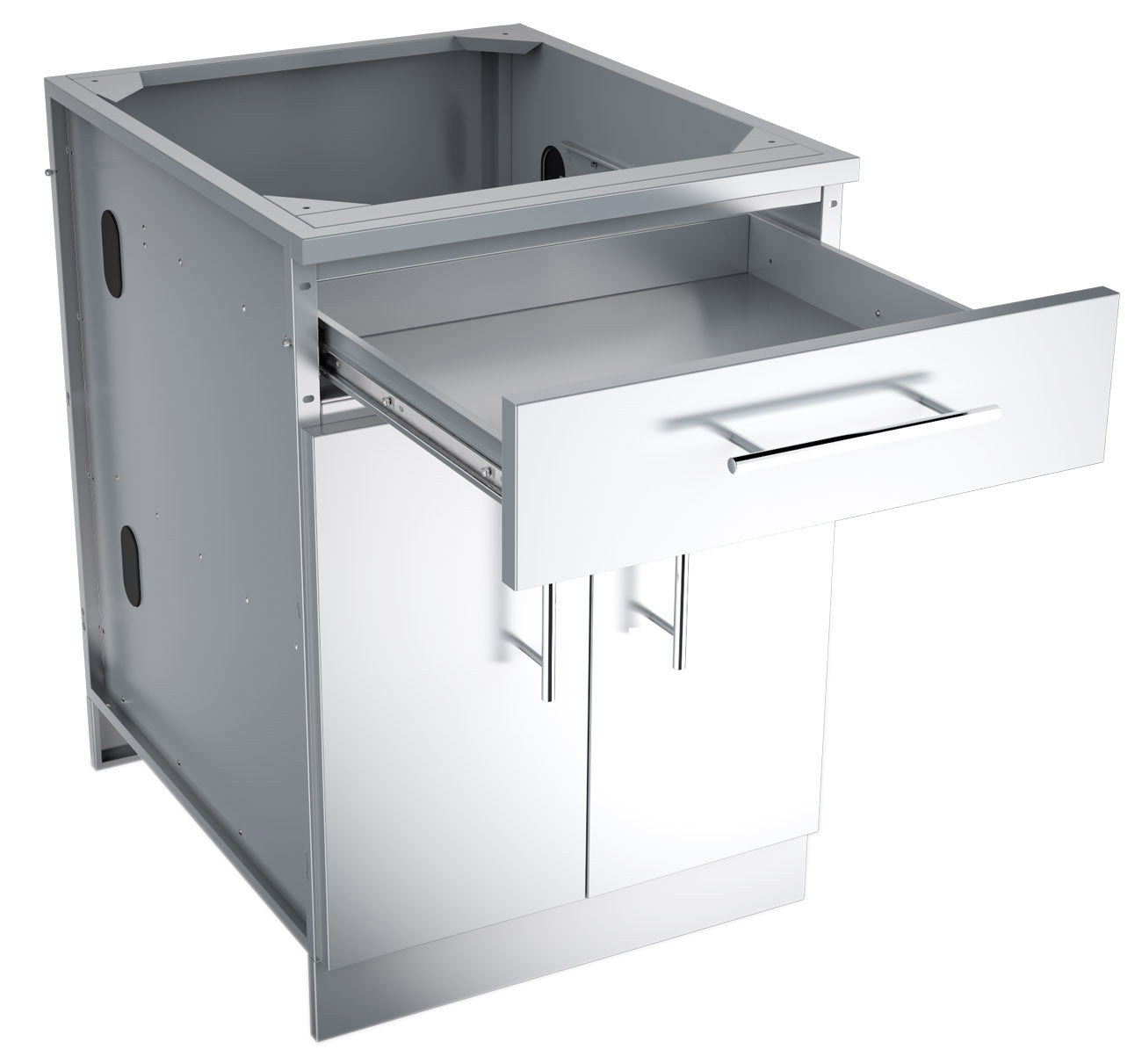 Close-up view of Sunstone's Double Door Base Cabinet showing the high-quality stainless steel finish and sleek rod handles.