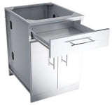Close-up view of Sunstone's Double Door Base Cabinet showing the high-quality stainless steel finish and sleek rod handles.