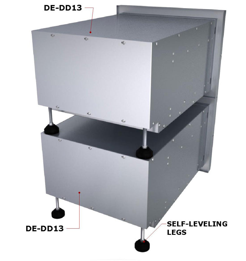 Close-up view of the Sunstone Designer Series 13" Height Double Drawer, featuring high-quality 304 stainless steel materials and adjustable self-leveling legs.