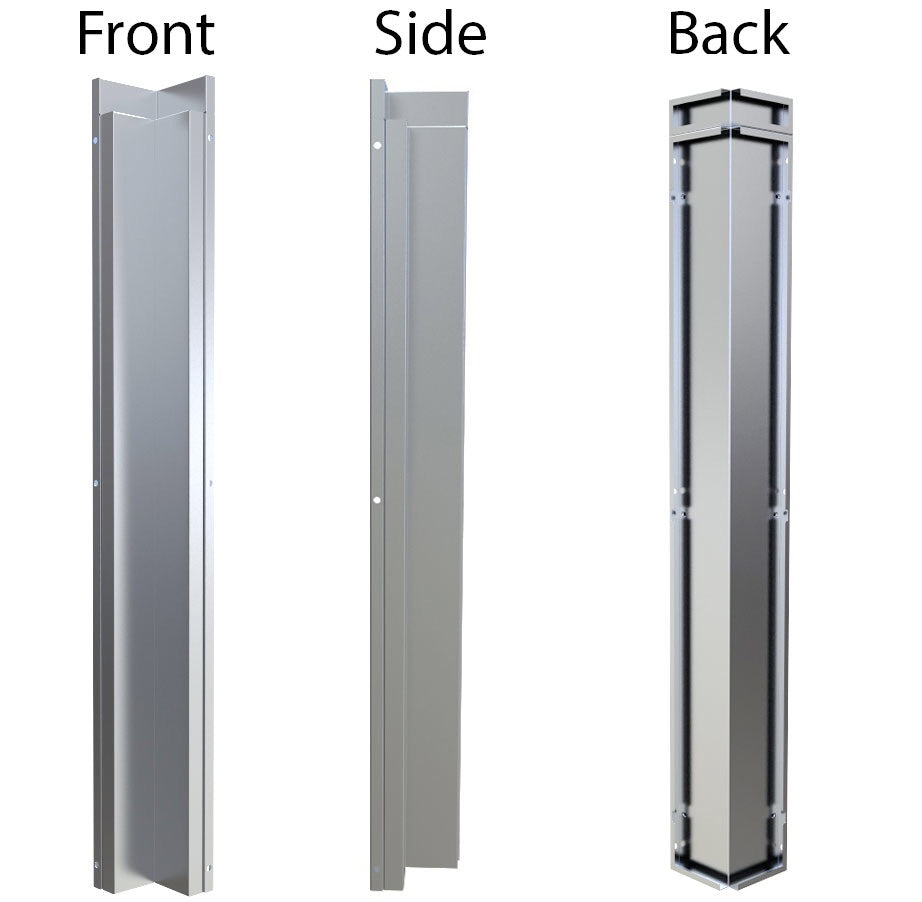 Close-up view of Sunstone 3" x 3" 90 Degree Corner Spacer Panel for Full Height Wall Cabinet Front highlighting the brushed stainless steel finish.
