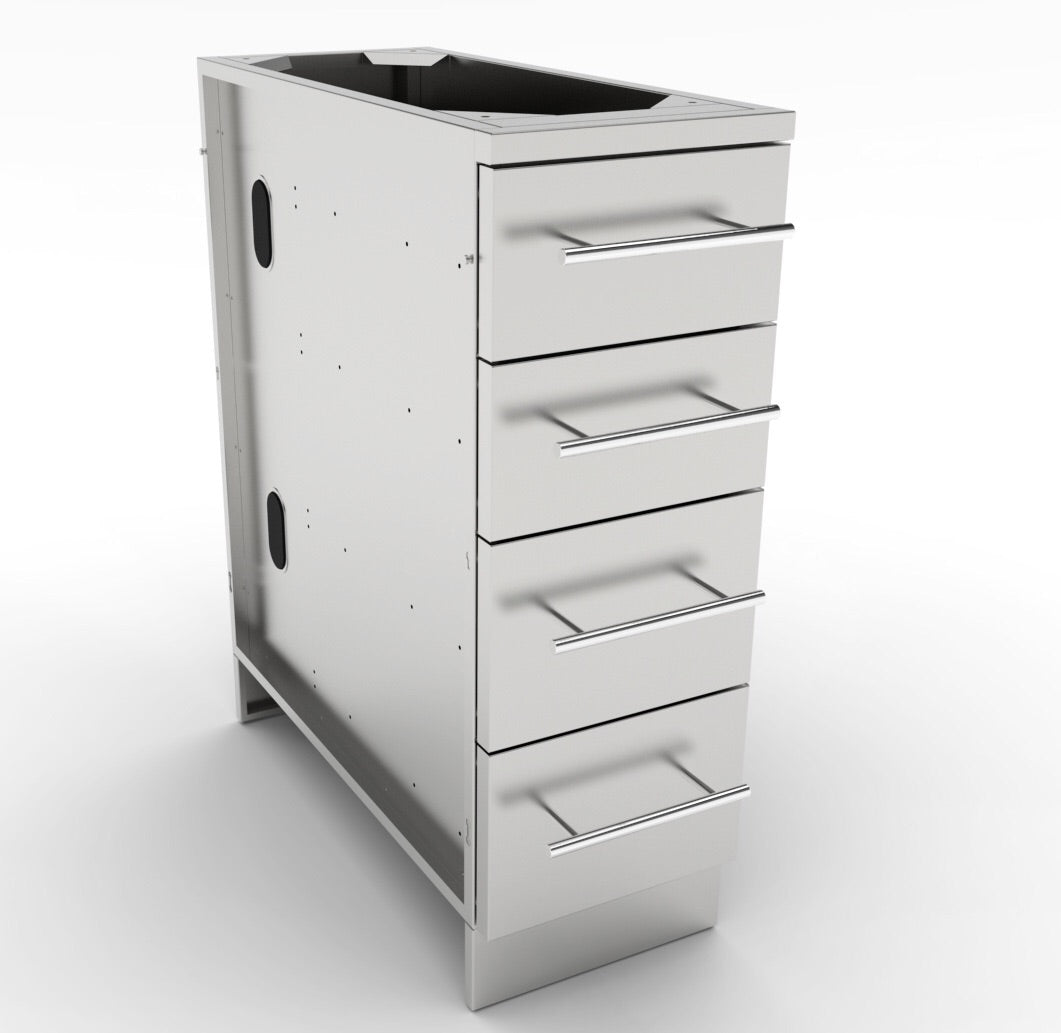 Sunstone 12" 4 Multi-Drawer Base Cabinet in brushed stainless steel finish, showcasing elegant design and practical storage for outdoor grilling.