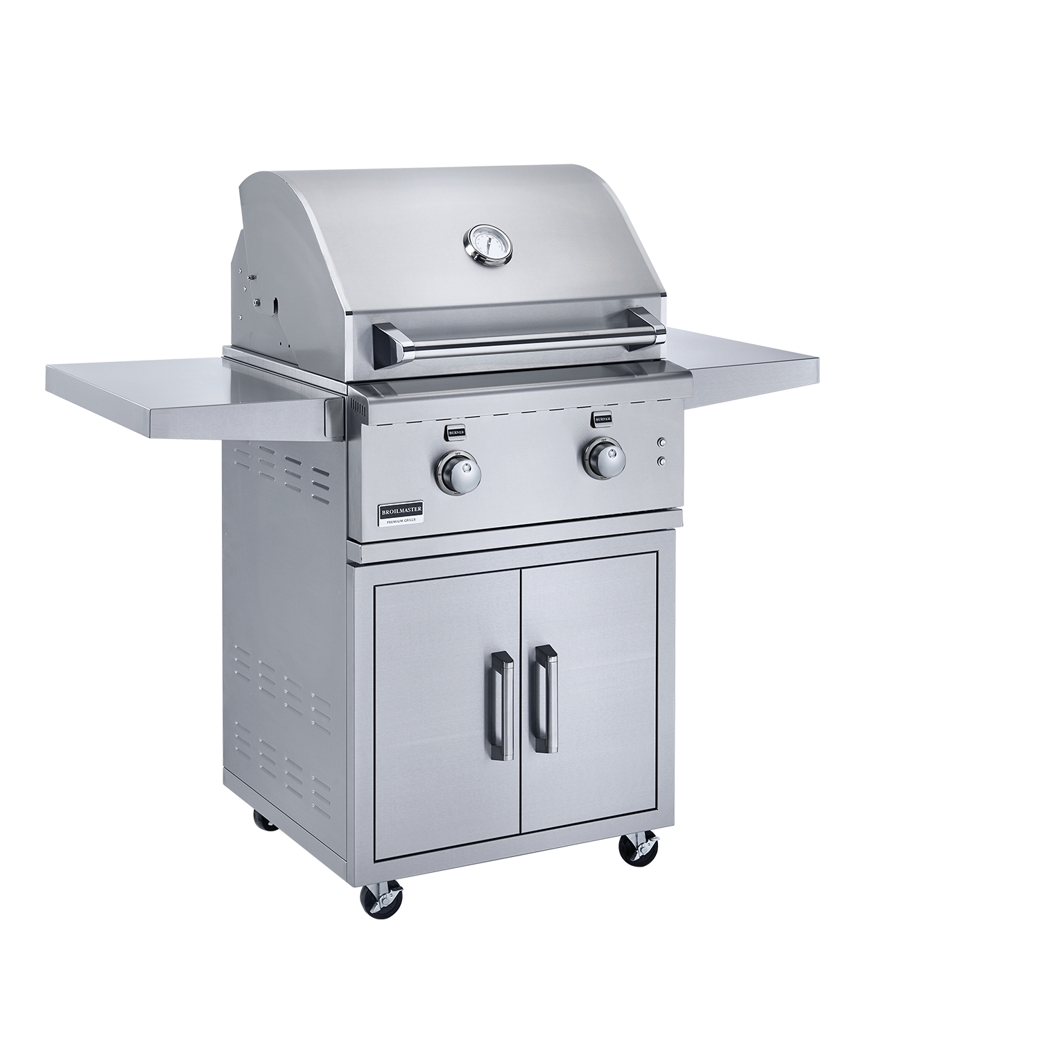 Broilmaster 2 Burner Premium Stainless Steel Grill Cart 26” showcasing its sleek stainless steel design and versatile cooking features, perfect for outdoor grilling.