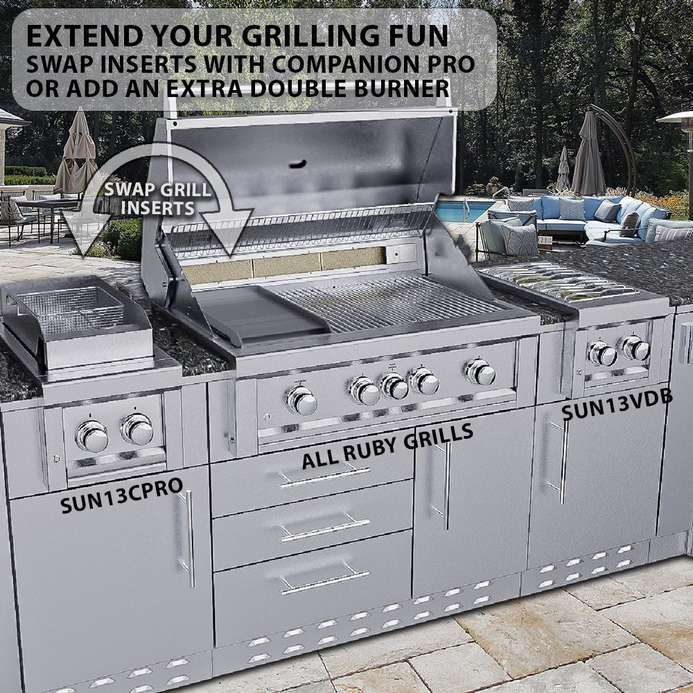 Inside view of Sunstone Ruby 42" 5 Burner Built-In Grill featuring spacious cooking grids and halogen lighting for evening grilling.