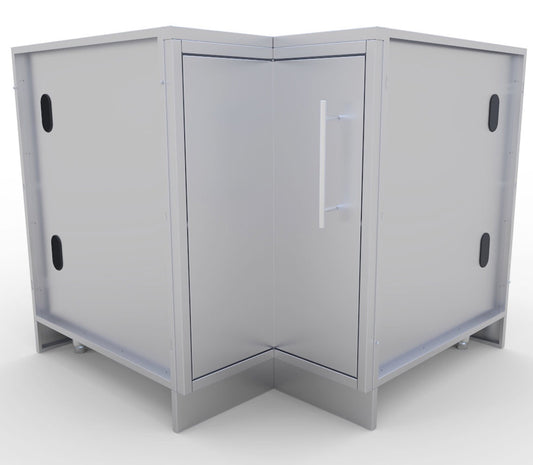 Sunstone 12"x12" Corner Cabinet with Swivel Shelves showcasing its sleek 304 stainless steel design, perfect for BBQ enthusiasts and outdoor kitchen setups.