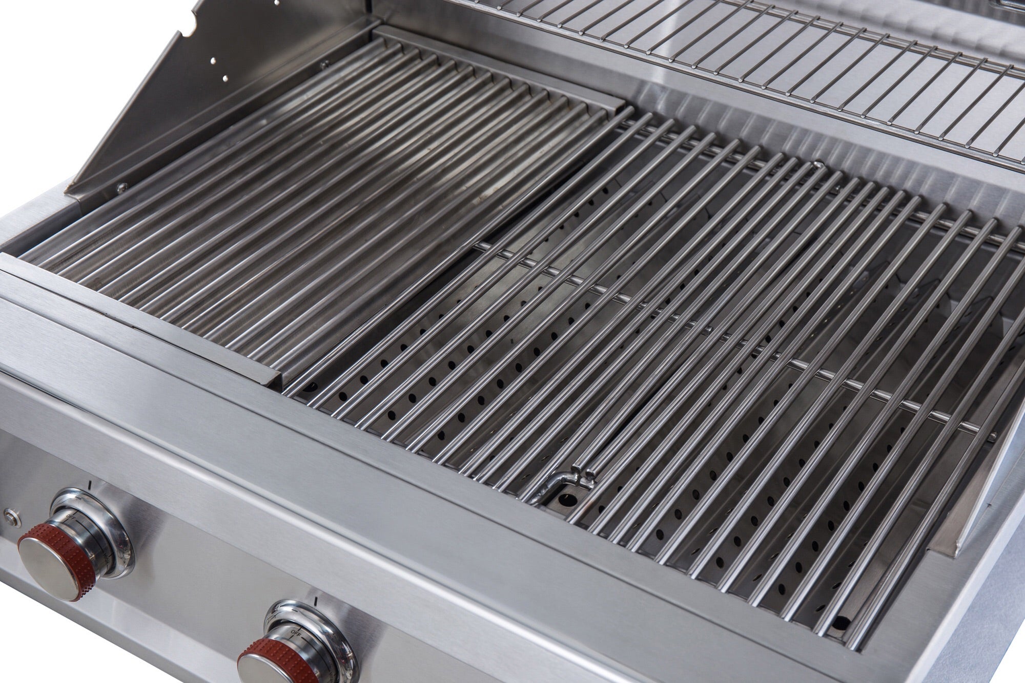 Sunstone Ruby 36" 4 Burner Pro-Sear Grill with the hood open, highlighting its Pro-Sear Thermal Cooking Grid.