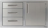 Alfresco Combo Door with Triple Drawers, 32" x 22" dimensions, ideal for outdoor kitchen storage featuring durable stainless steel construction.