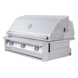 RCS American Renaissance Drop-In Grill 42" featuring dual internal halogen lights and stylish blue LED control knobs for nighttime grilling.