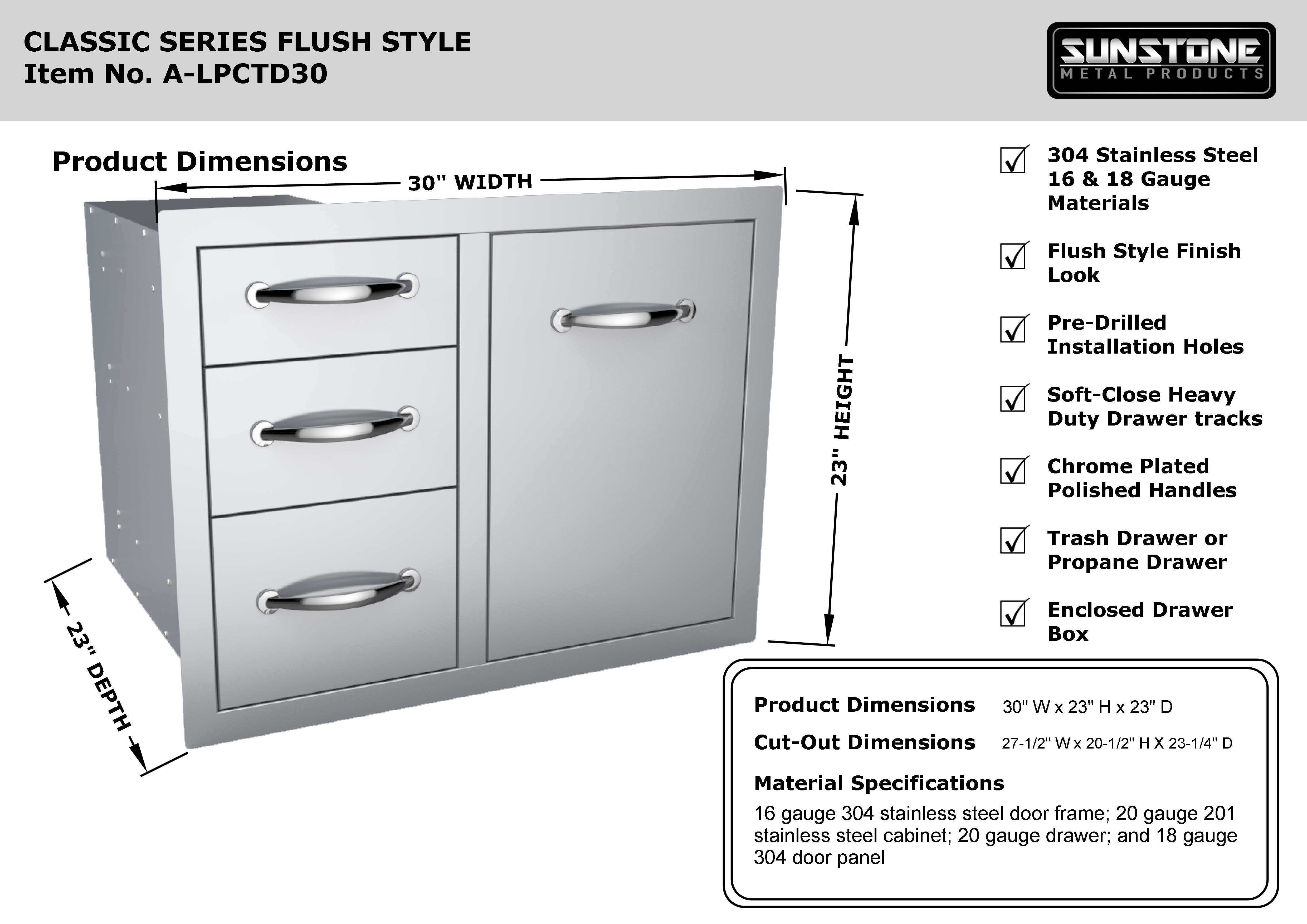Sunstone Classic Series Flush Style 30” Tank Tray Double/Triple installed in an outdoor kitchen setting.