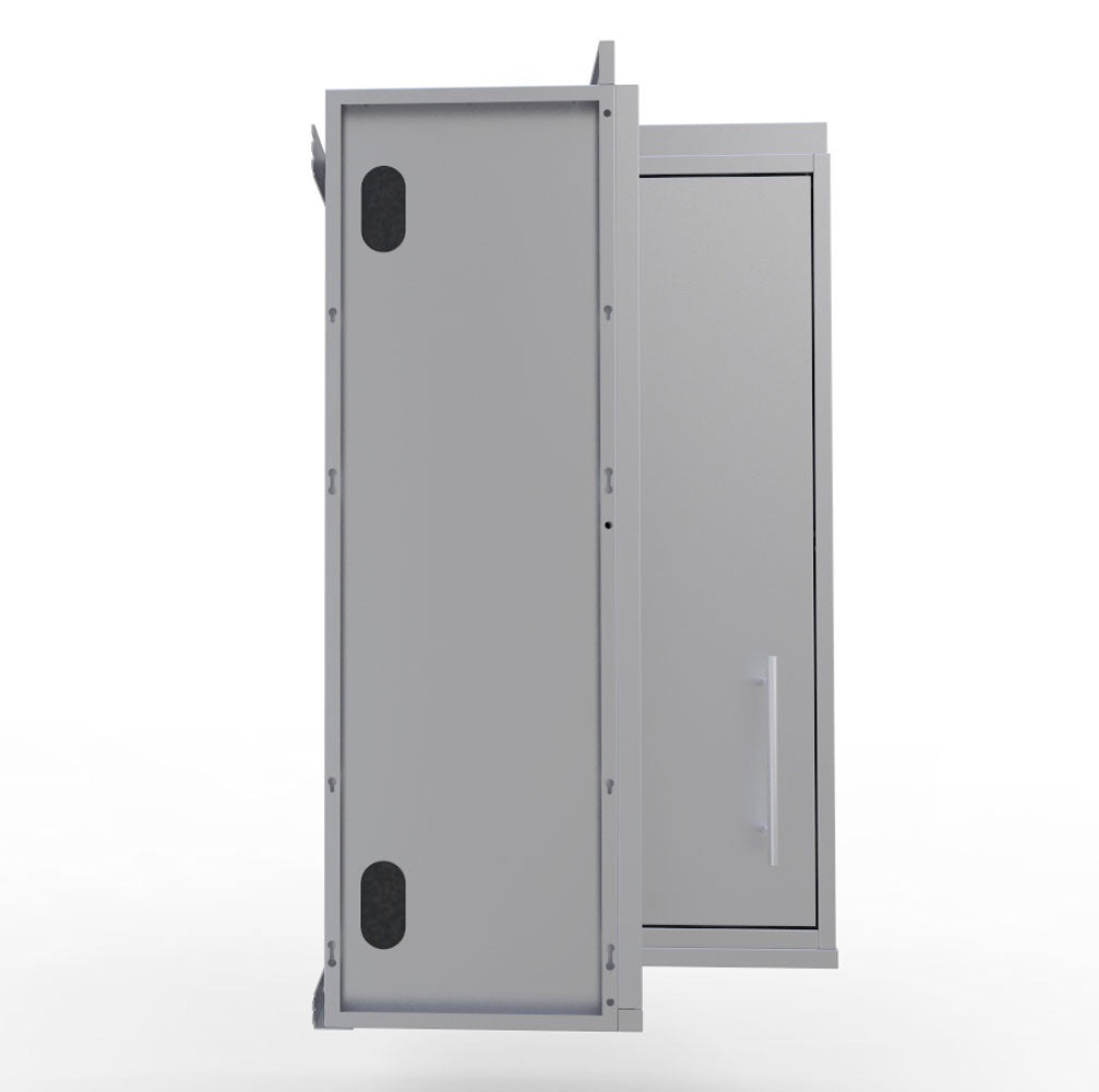 Close-up of the Sunstone Stainless Steel 12" x 12" Full Height 360 Swivel Door Corner Cabinet emphasizing the durable 304 stainless steel material.