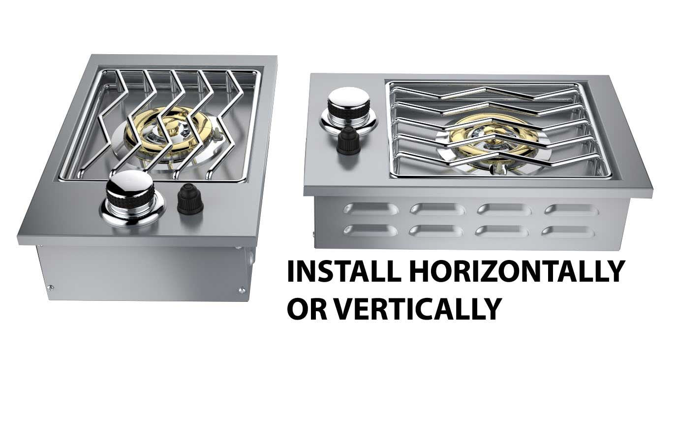 Sunstone Drop-In Single Burner constructed from 304 stainless steel, featuring a compact size of 11"W x 17"D x 4"H and delivering 15,000 BTUs for efficient outdoor cooking.