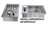 Sunstone Drop-In Single Burner constructed from 304 stainless steel, featuring a compact size of 11"W x 17"D x 4"H and delivering 15,000 BTUs for efficient outdoor cooking.